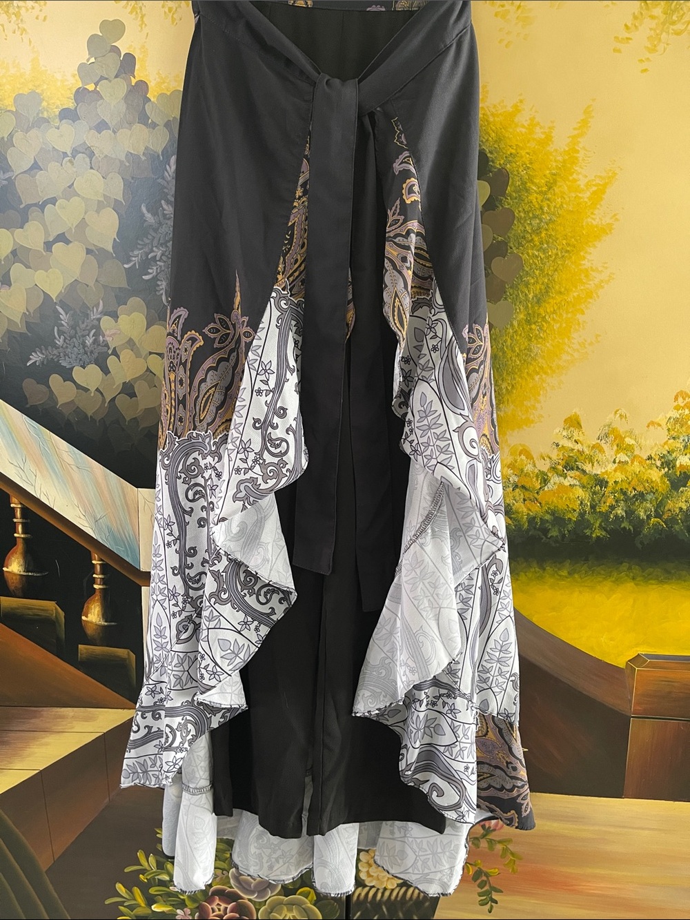 Black Layered Ruffle Maxi Skirt with Paisley Trim